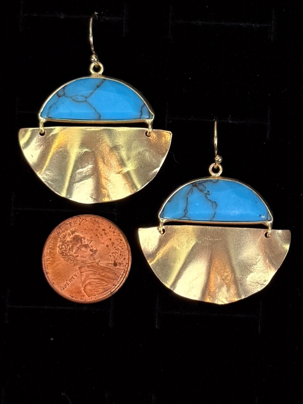 Goldtone Half Moon Drop Pierced Earrings with Turquoise Blue Accent - Picture 3 of 3
